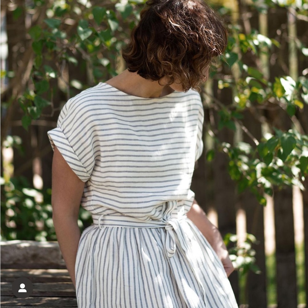 OFFON striped linen tie belt dress